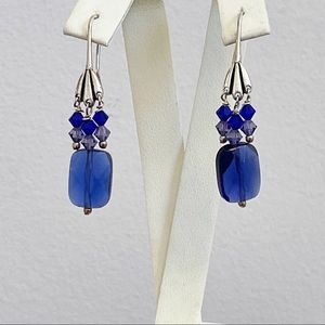 Sterling Silver 925 Royal Blue Crystal Beaded Dangle Earrings elegant 2”